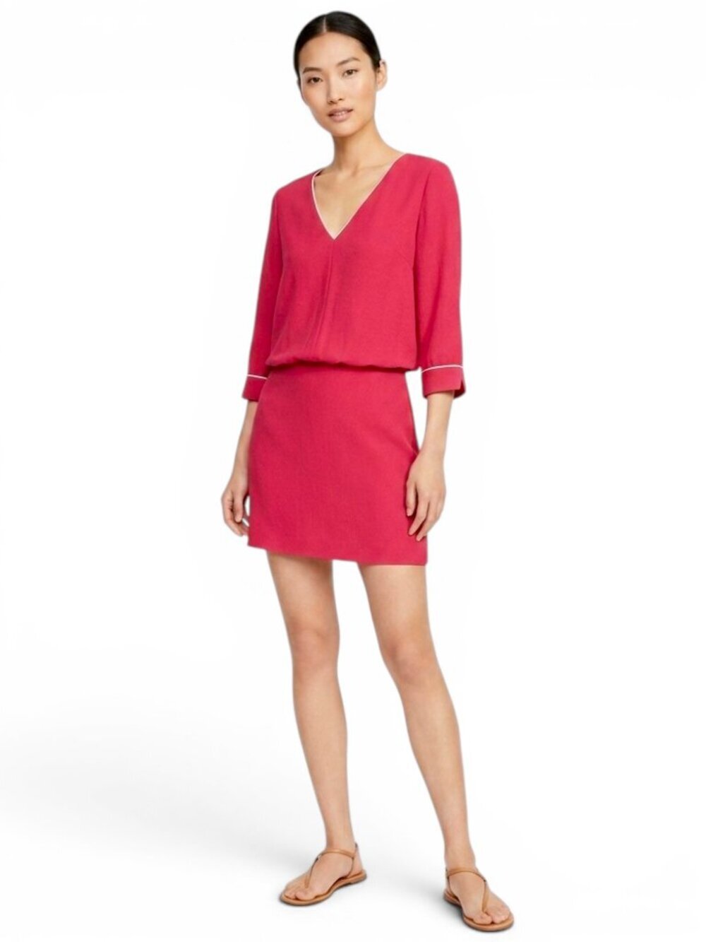 Maje Fuschia Pink Crepe Blouson V Neck 3/4 Sleeve Dress Size 3 L 8 - 10